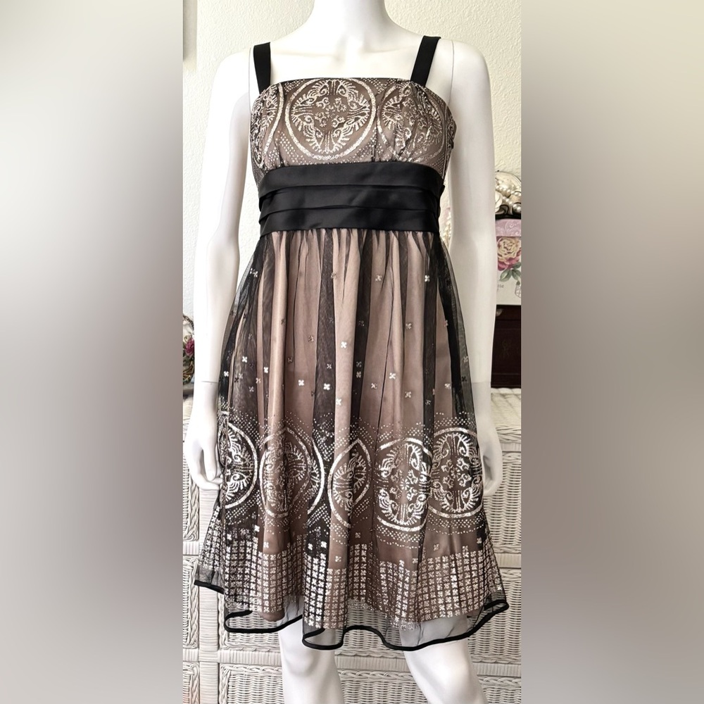 R&M Richards Petite Vintage Glitter Lace Babydoll Mini Dress in Coffee Sz 6P NWT